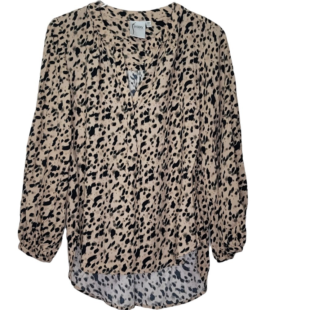 Finley Blouse‎ XS Black Tan Popover Leopard Animal Long Sleeve Mob Wife
